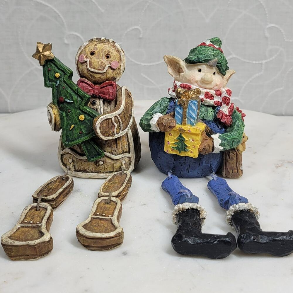 VINTAGE Sitting Gingerbread Man and Elf Dangle Leg Hanging Shelf Decorations